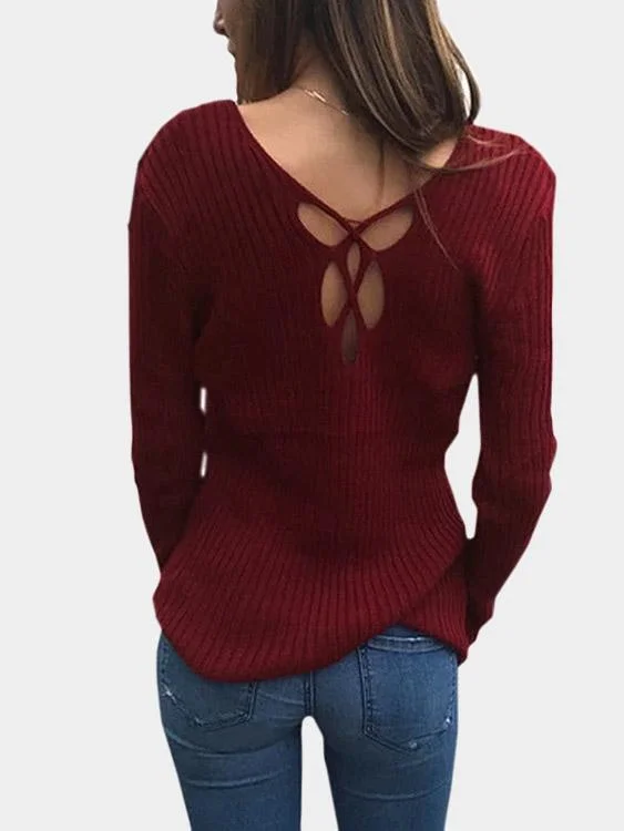 Custom V-Neck Pullover Hollow Long Sleeve Red T-Shirts