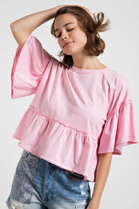 Easel Candee Ruffle Short Babydoll Top - Wash Pale Pink