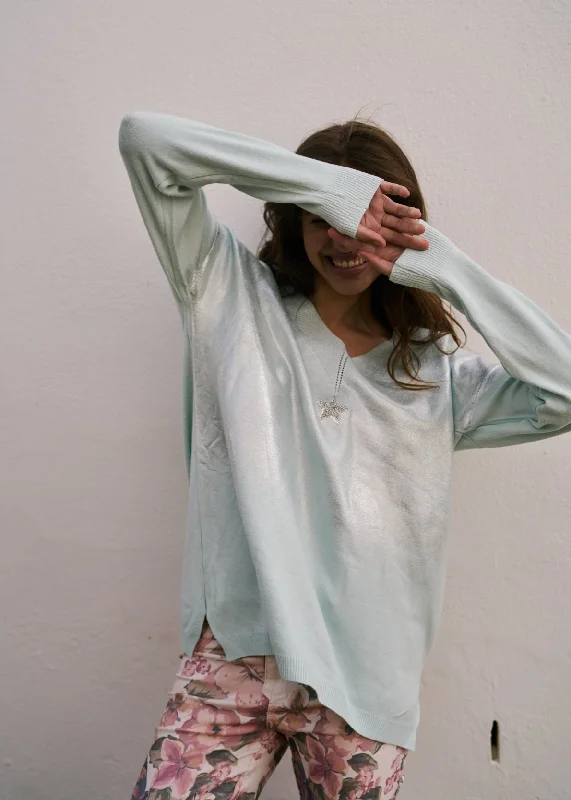 Italian Oversized Jumper with Shimmer Star In Aqua