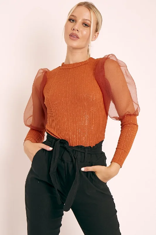 Rust Metallic Puff Sleeve High Neck Top - Blaike