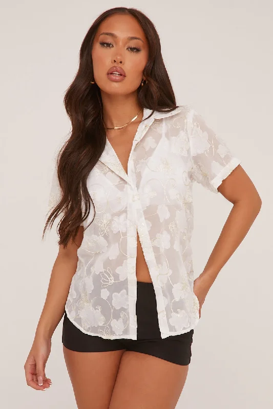 White Sheer Embroidered Oversized Shirt - Rosie