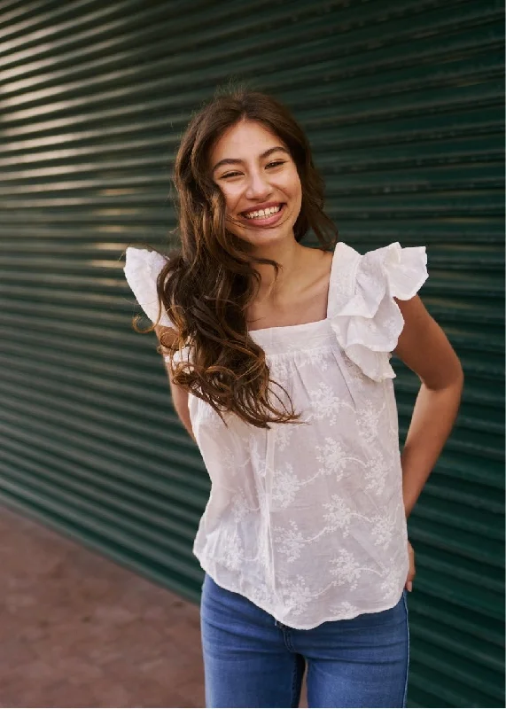 Cotton Frill Sleeved Blouse with Floral Embroidery in White