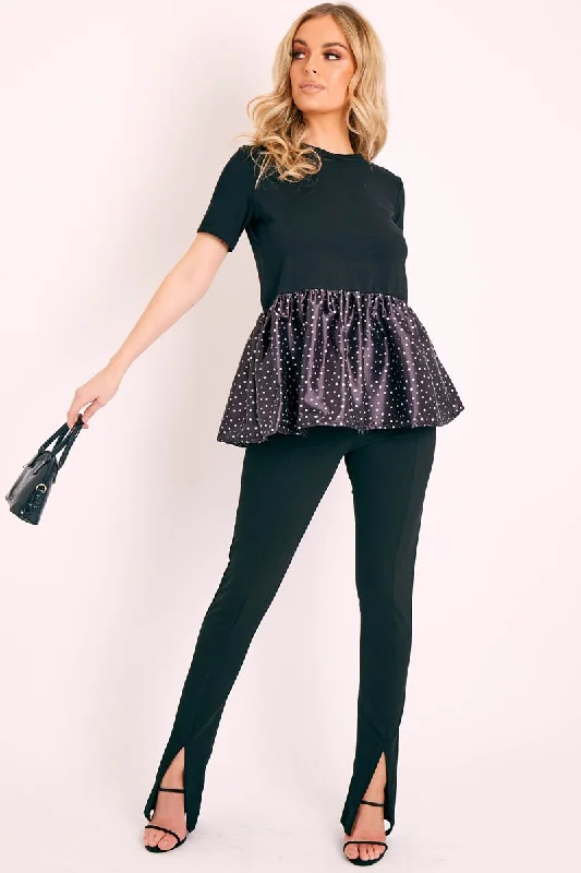 Black Polka Satin Peplum Hem T-shirt - Zyria