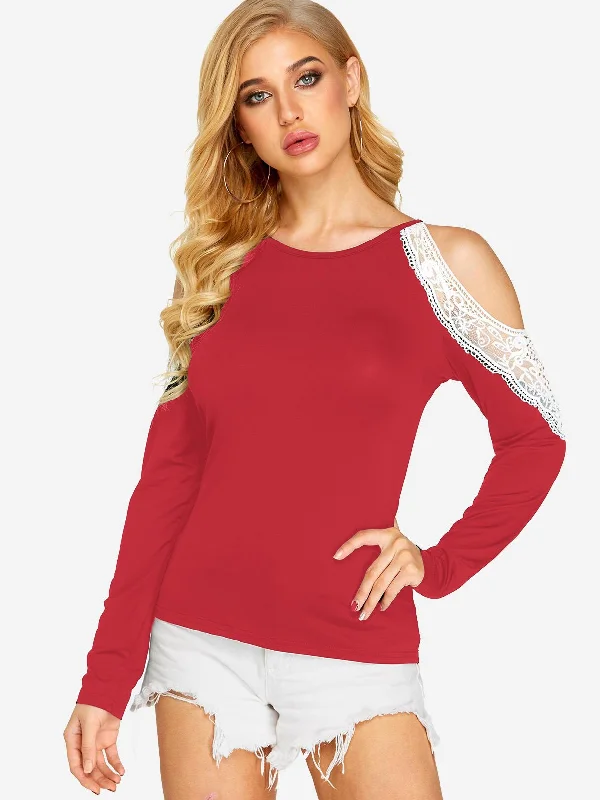 Custom Round Neck Cold Shoulder Lace Long Sleeve Red T-Shirts