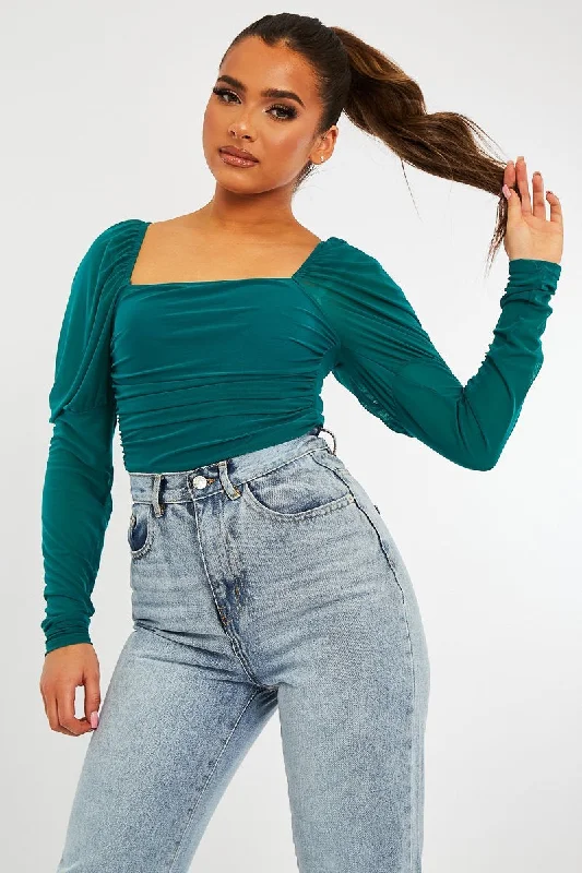 Teal Ruched Body Mesh Sleeve Bodysuit - Raeya