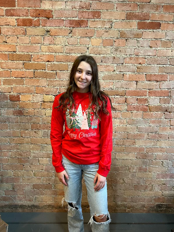 The Merry Christmas Tree Long Sleeve-Red