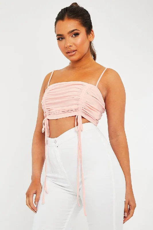 Pink Mesh Ruched Square Neck Crop Top - Leyna