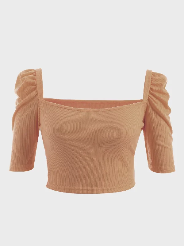 Midsize Cute Puff Square Neck Crop Top