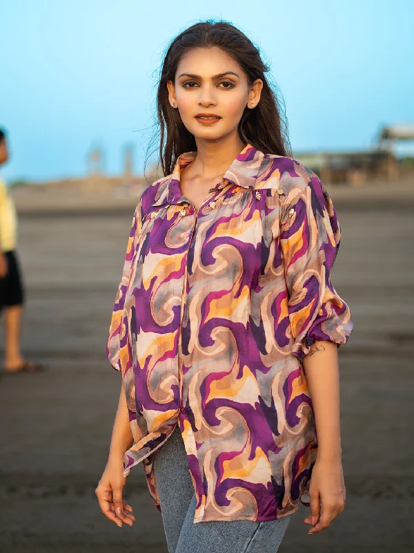 Purple Color Muslin Shirt Top with Abstract Print & Shells