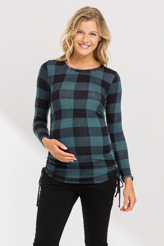 Plaid Long Sleeve Adjustable Ruching Maternity Top