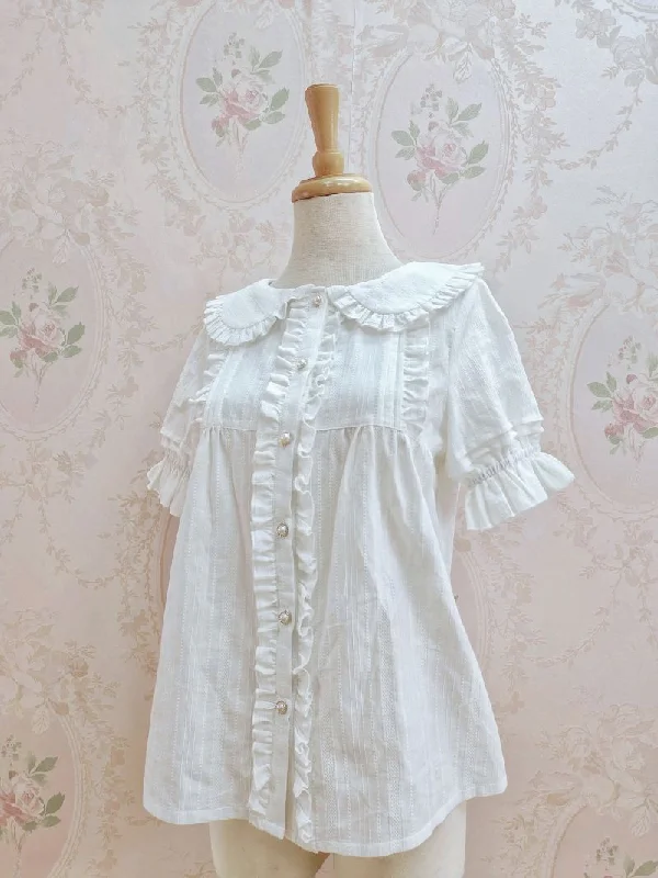 Yilia~Ruffle Lace Lolita Short Sleeve Cotton Shirt