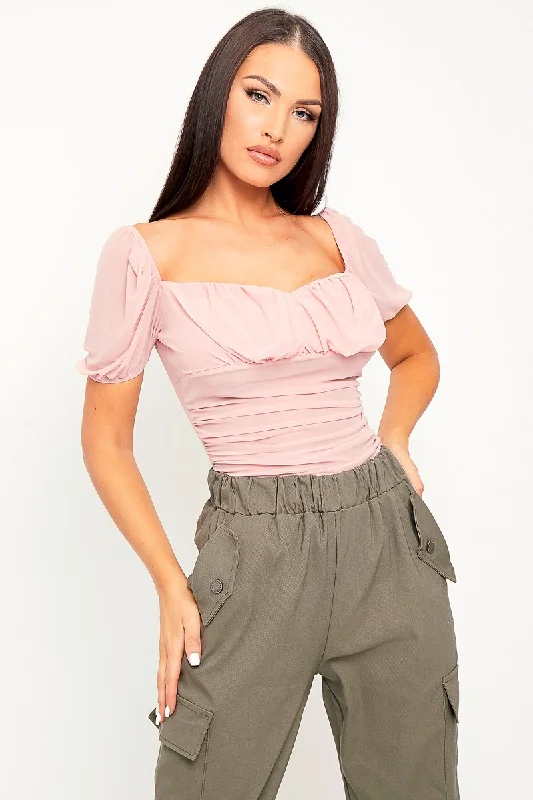 Pink Mesh Cap Sleeve Bodysuit - Aadvi