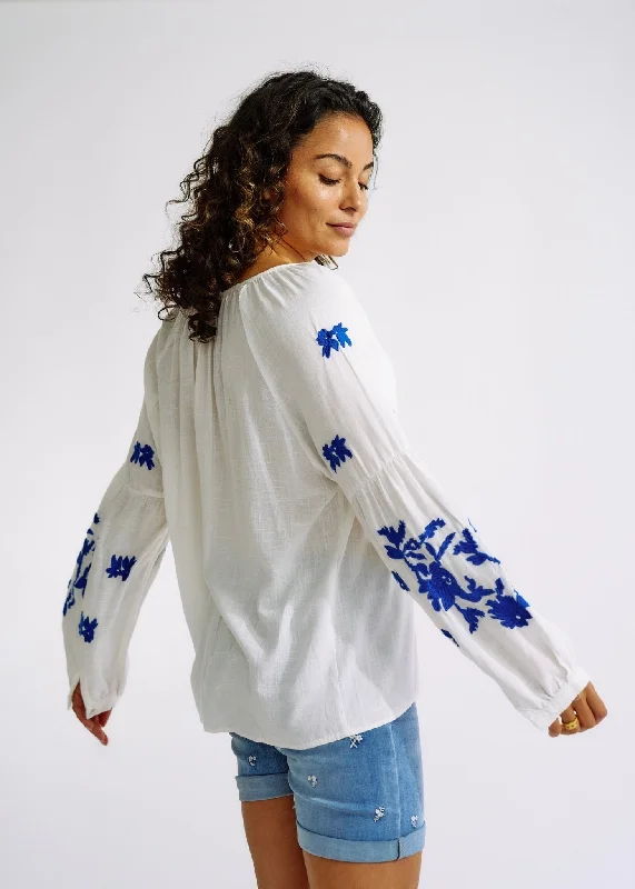 Linen Blend Peasant Blouse with Navy Embroidery