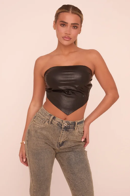 Black Faux Leather Bandeau Backless Cropped Top - Demya