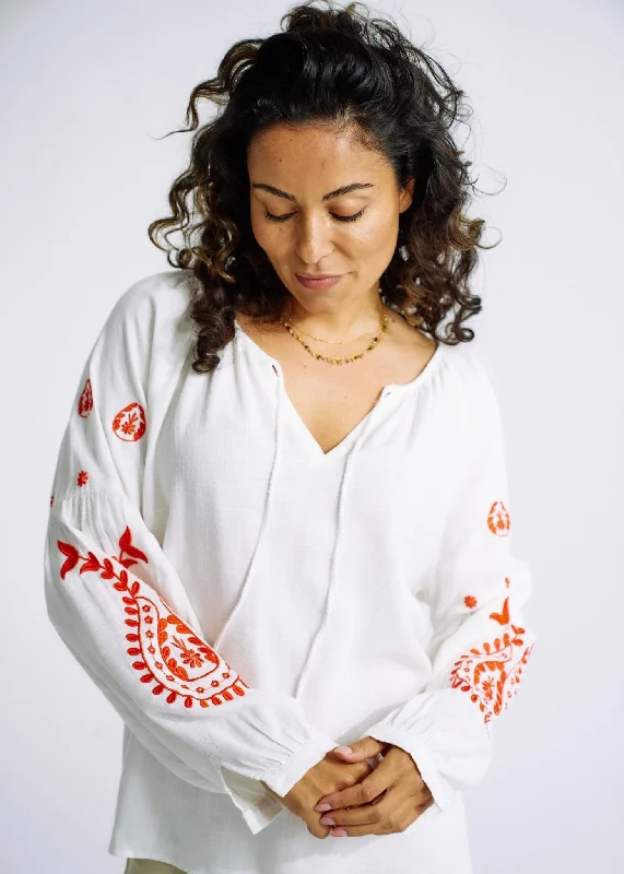 Linen Blend Peasant Blouse with Orange Embroidery