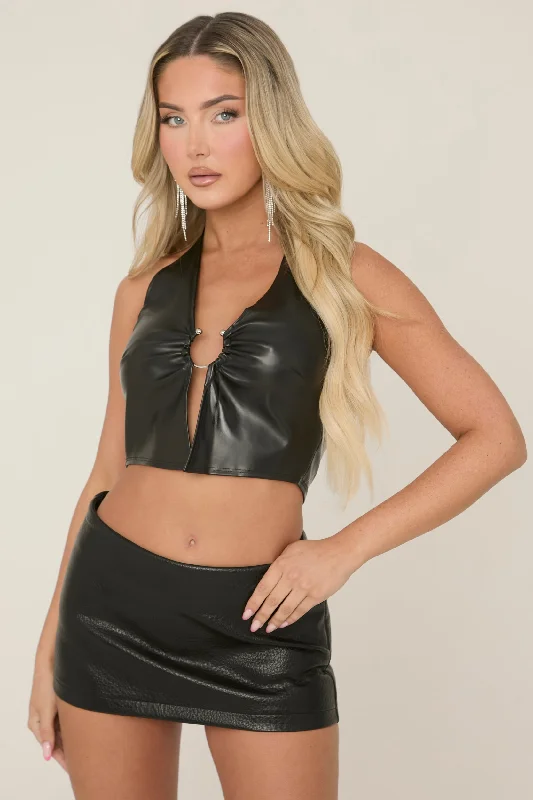 Black Faux Leather Ring Detail Halter Top - Trinity