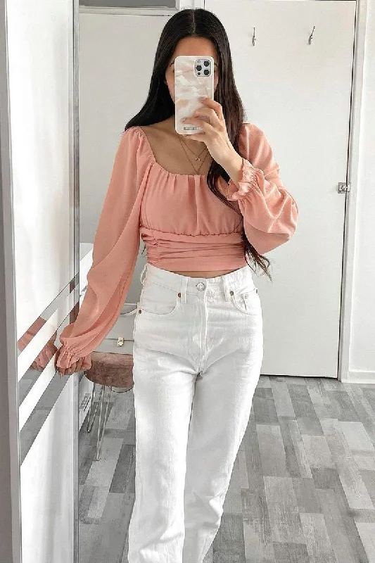 Pink Crepe Ruched Panel Crop Top - Laurie