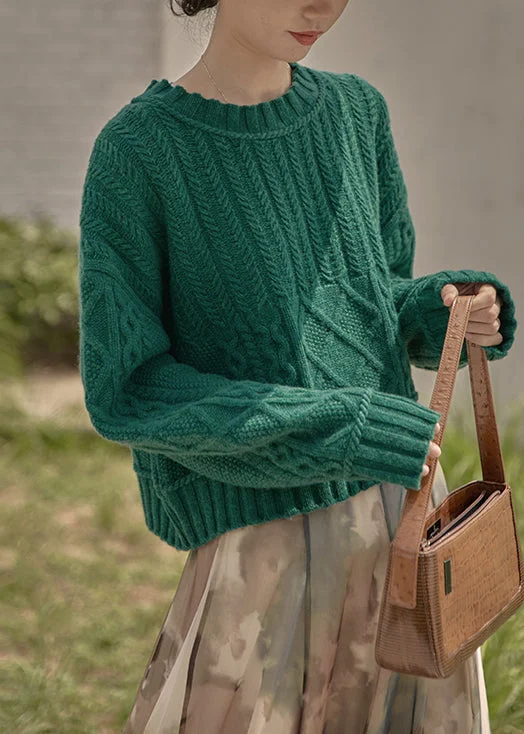 Special Price New Peacock Green O Neck Patchwork Cable Knit Sweaters Fall