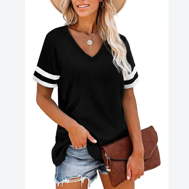 Striped Print Short Sleeve V Neck Wholesale T-shirts Tops Summer