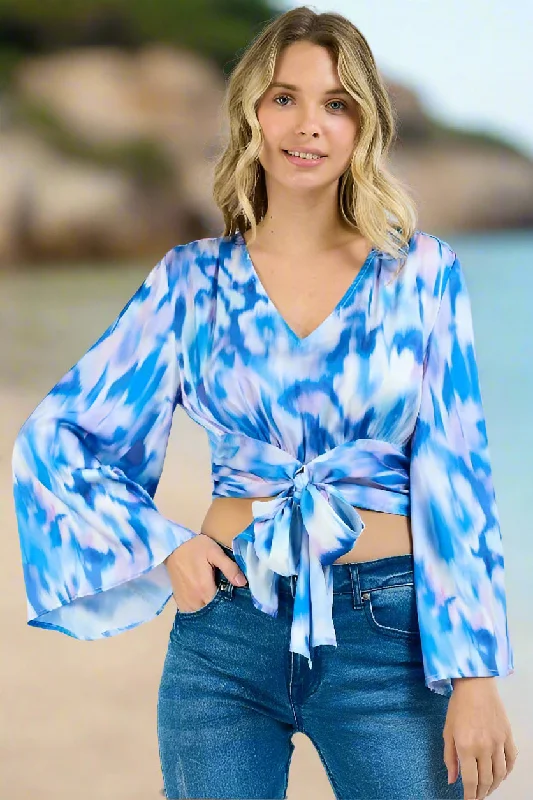 L Love Waist Bowtie Crop Flare Sleeve Top - Blue