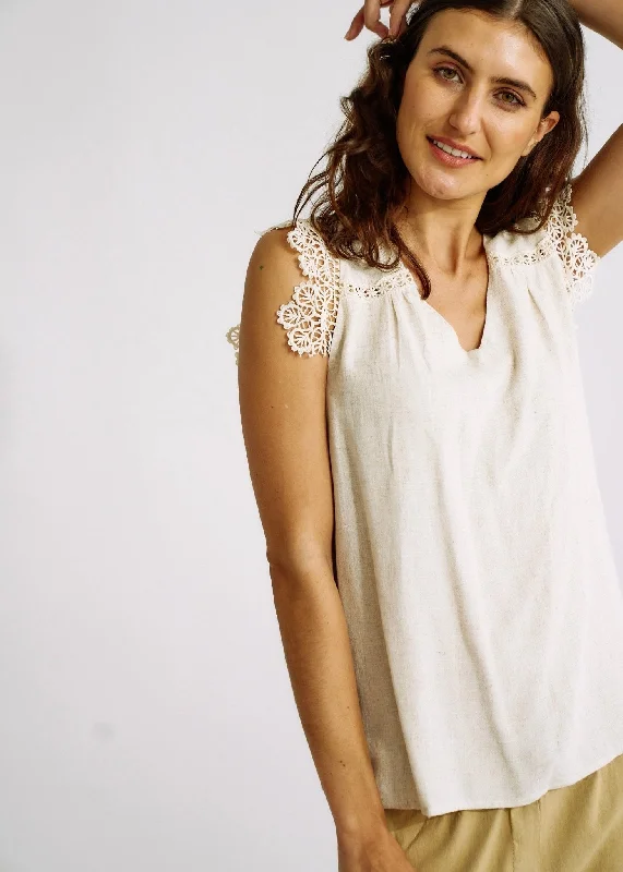 Linen Blend V Neck Sleeveless Blouse with Crochet Details In Beige