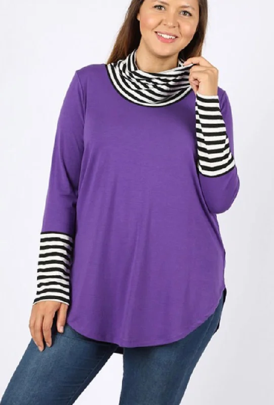 Purple Striped & Solid Cowl Neck Top *Plus*