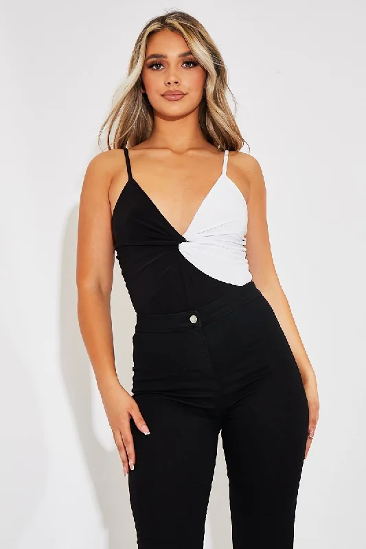 Black White Splice Twist Front Bodysuit - Alayja