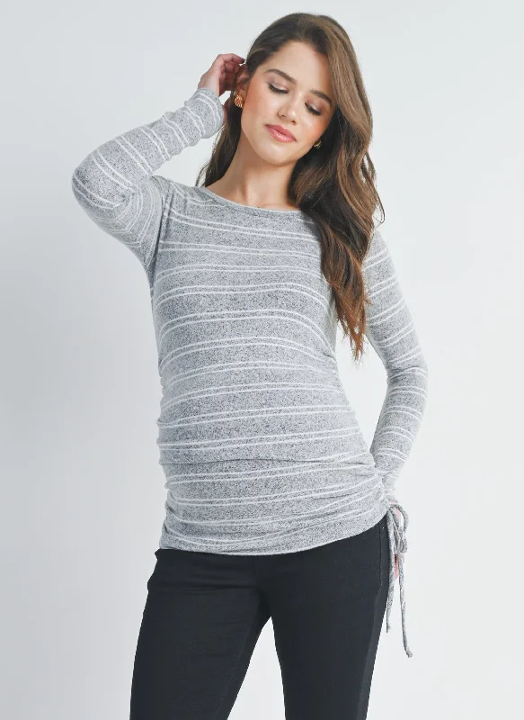 Stripe Long Sleeve Round Neck Adjustable Drawstring Maternity Top