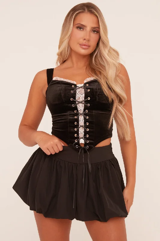 Black Lace Trim Tie Front Corset Top - Marlene