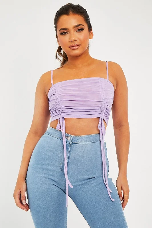 Lilac Mesh Ruched Square Neck Crop Top - Leyna