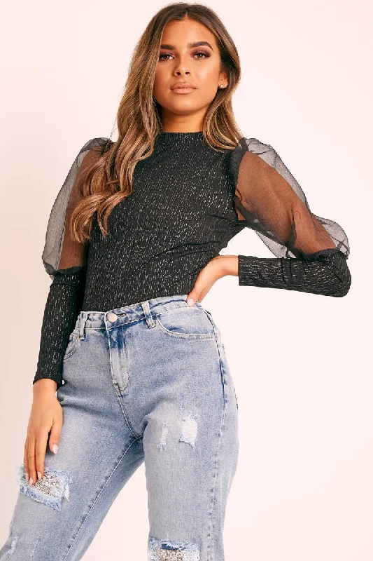 Black Metallic Puff Sleeve High Neck Top - Blaike