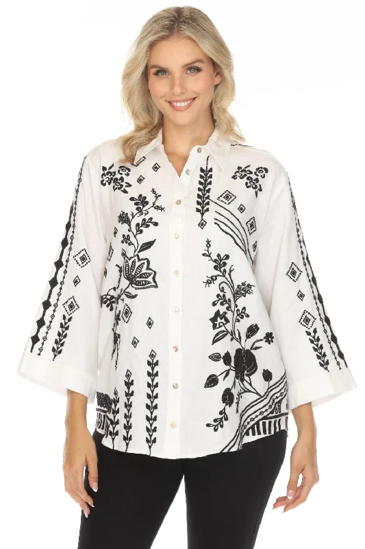 Johnny Was JWLA White Kimono Sleeve Embroidered Shirt J15524 Boho Chic