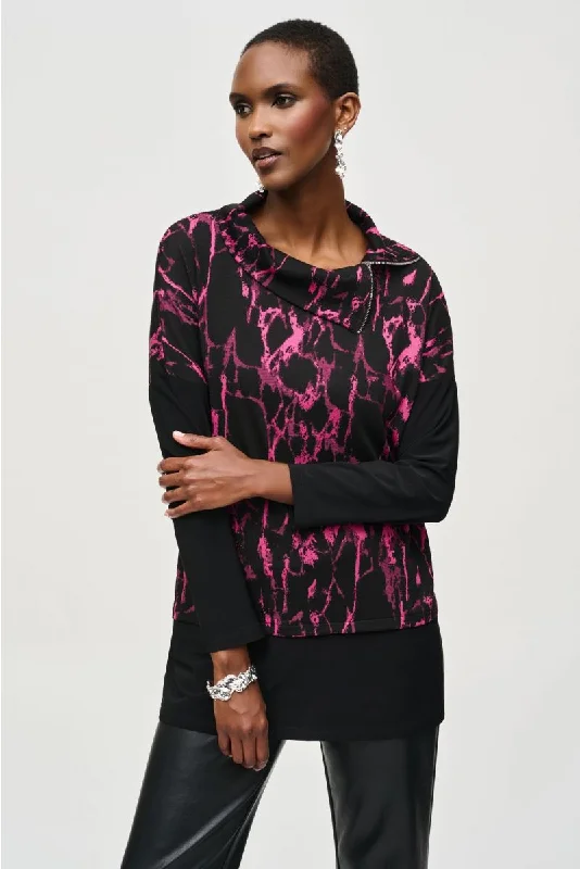 Joseph Ribkoff Black/Pink Abstract Print Cowl Neck Boxy Top 243247