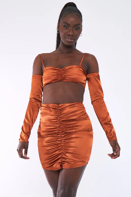 Rust Bardot Satin Crop Top - Alana