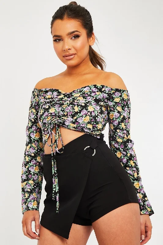 Purple Floral Ruched Centre Bardot Crop Top - Heily