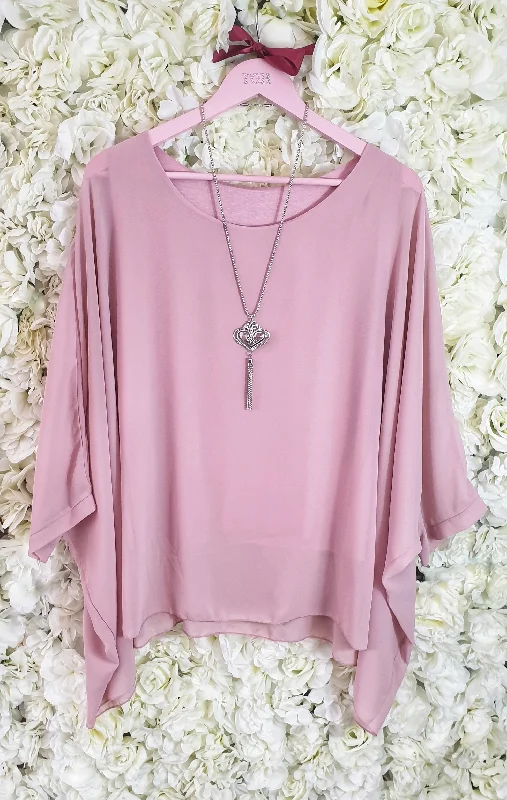 BlUSH PINK TOP WITH SHEER OVERLAY WITH NECKLACE