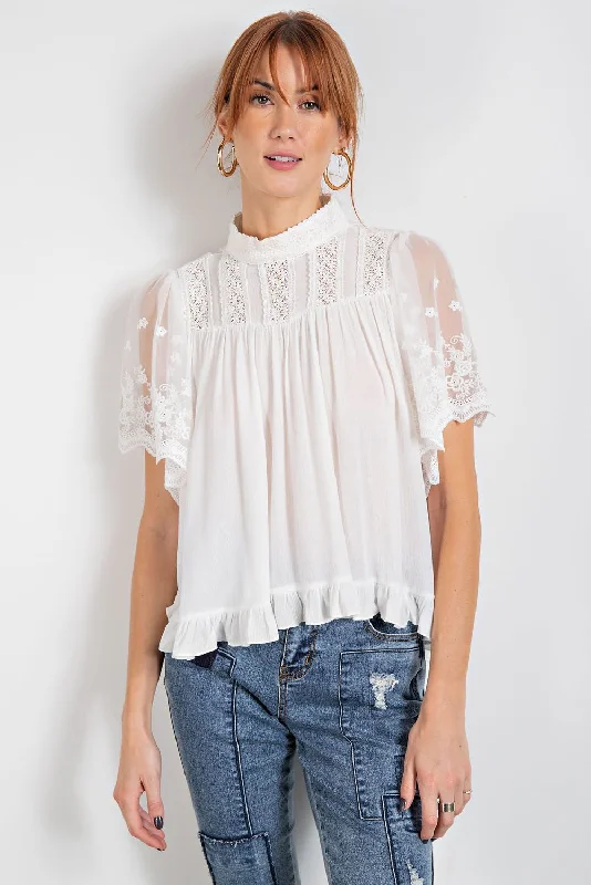 Easel Fairy Mock Neck Short Blouse - Off White