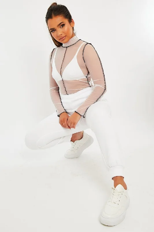 White Mesh Contrast Stitch Long Sleeve Crop Top - Evie