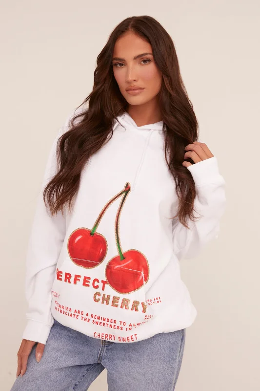 White Cherry Print Oversized Hoodie - Molly