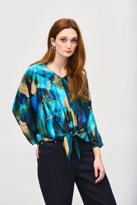 Joseph Ribkoff Black/Multi Brushstroke Print Tie Front Satin Top 243102