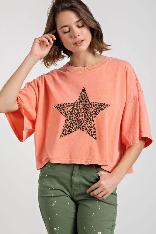 Easel Mineral Wash Crop Star Top - Coral