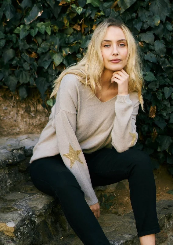 Italian V Neck Jumper with Stars on Elbows In Beige