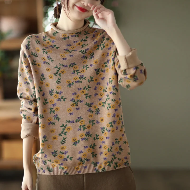 Women Winter Vintage Floral Knit Casual Pullover Sweater