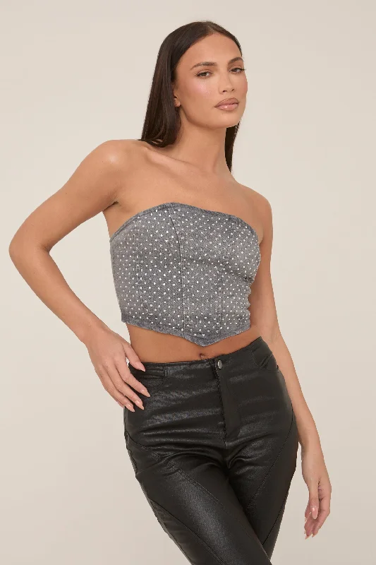 Grey Denim Diamante Embellished Corset Top - Flora