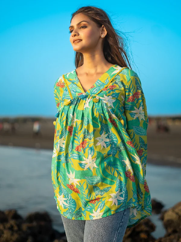 Aqua Color Muslin Top with Flora & Fauna Print & Lace and Tassels work