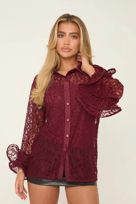 Burgundy Lace Frill Long Sleeves Button Up Shirt - Athena