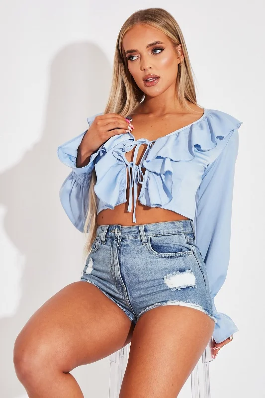 Blue Ruffle Tie Fastening Top - Brionna