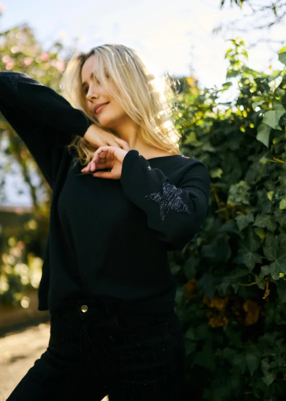 Italian V Neck Jumper with Stars on Elbows In Black