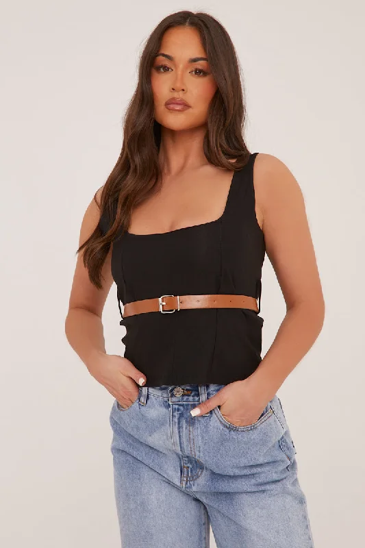 Black Belt Detail Square Neck Sleeveless Top - Lucee