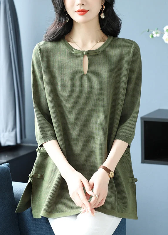 Lowest Price Women Green O Neck Oriental Button Ice Silk Knit Top Spring